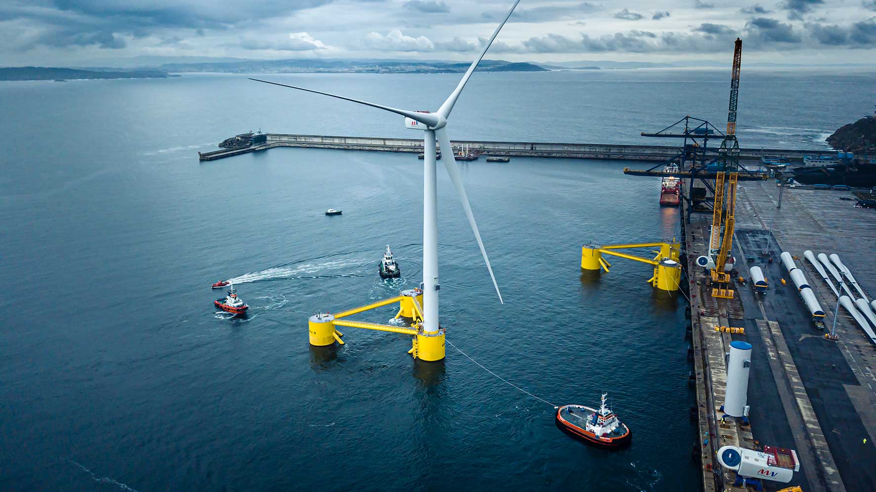 Floating wind turbine at port